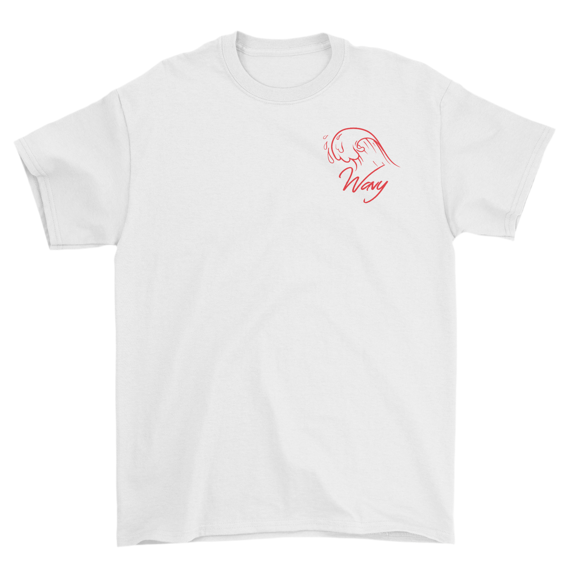 White t-shirt with red wave graphic and wavy text graphic design on a white background
