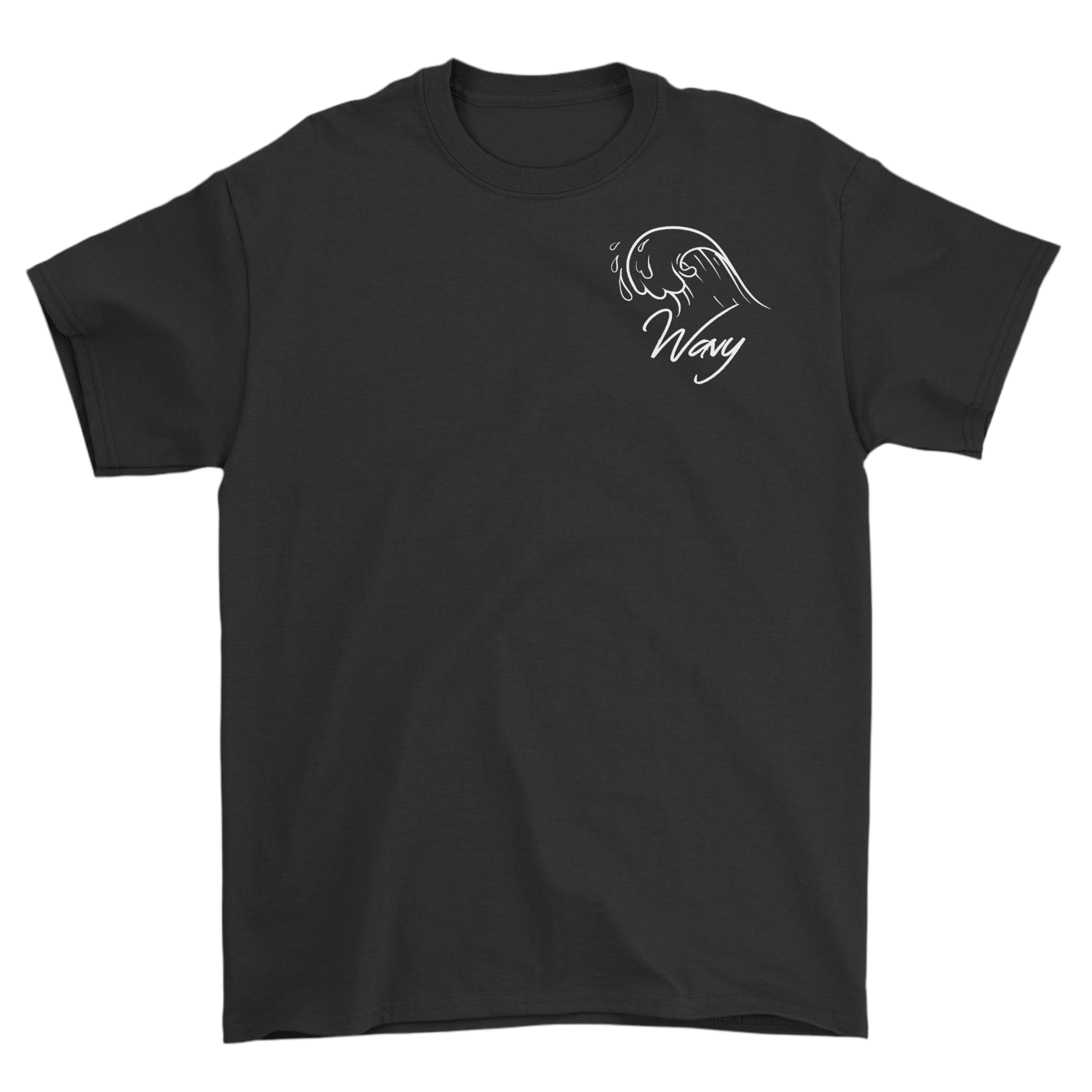 Black t-shirt with white wave graphic and wavy text on a white background
