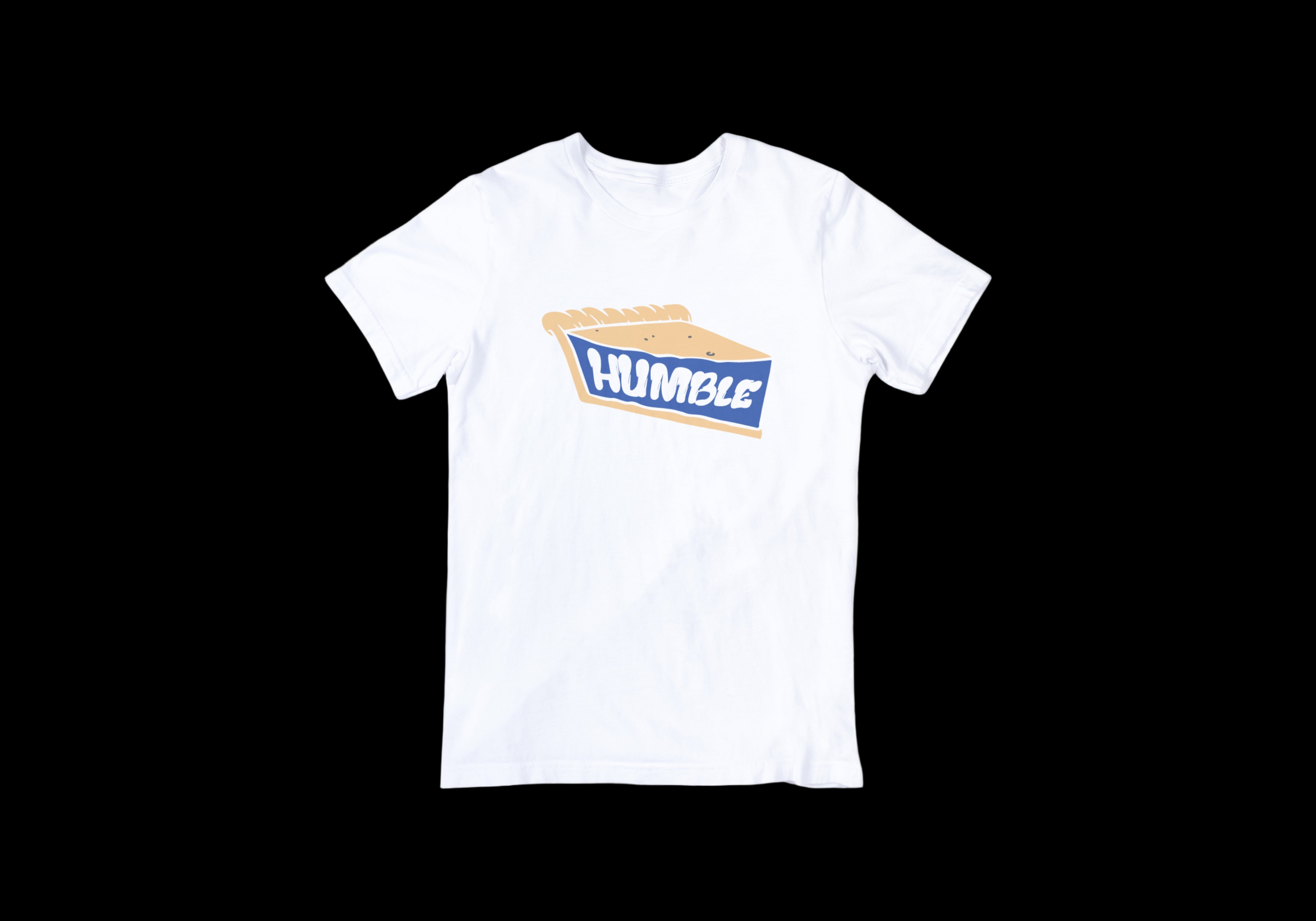 White t-shirt with 'Humble Pie' graphic on a white background